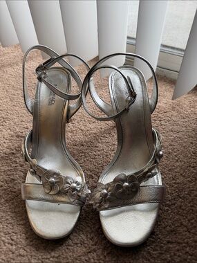 MICHAEL Michael Kors Metallic Silver Soft Leather Floral Ankle-Strap Heels